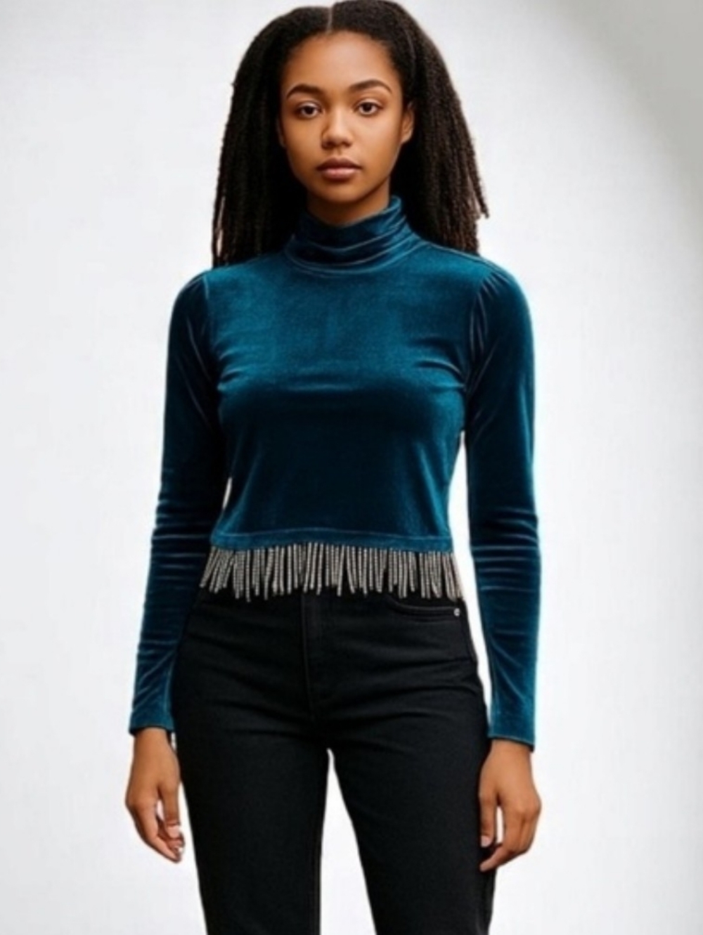Joie teal velour mock neck crop top with fringe jewel details